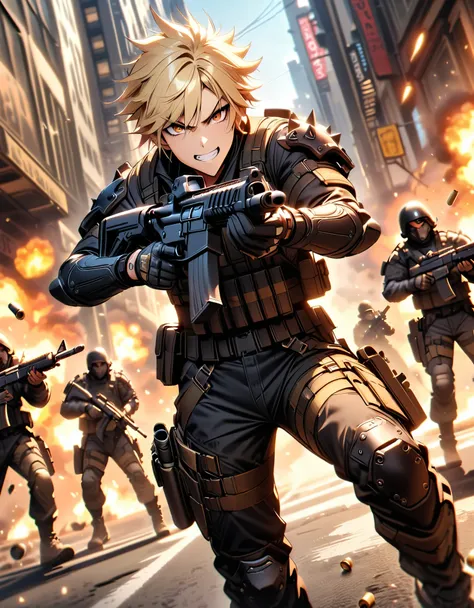 Masterpiece, best quality, 8k, mercenary, male, male focus, muscular, blonde hair, dark brown eyes, spiky hair, swept bangs, short hair, maniacal laugh, v-shaped eyebrow, evil smile, clenched teeth, tactical gear, (hand grenades on hip:1, 2), drop-down pis...