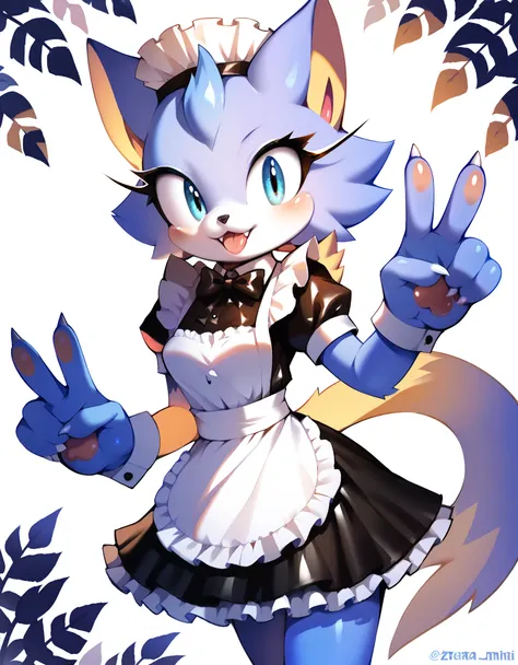 score_9, score_8_up, score_7_up, akami mira, solo, female, zeraora, furry, fluffy, cat nose, fluffy body, maid, peace sign