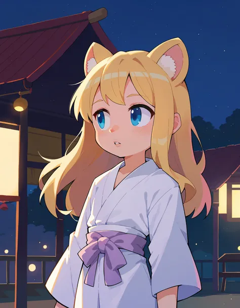 score_9,score_8_up,score_7_up, solo, shiina_anzu,blonde hair,long hair,blue eyes,parted lips,flat chest,white yukata,pink yukata,looking away,japan,summer festival,night,sky,