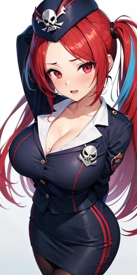 1 Female,High definition,high resolution,Ultra-realistic,8K, 1girl, solo, red hair, red eyes, twintails, employee uniform, pencil skirt, skull print, navy cap, fang, black legwear, white gloves, large breasts,European,sexy,Upper body close-up,Photographed ...