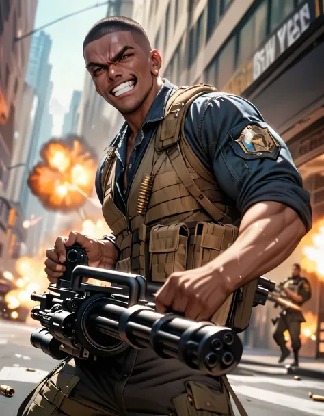 Masterpiece, best quality, 8k, mercenary, male, male focus, muscular, dark-skinned adult male, black hair, aquamarine eyes, crew cut, maniacal laugh, v-shaped eyebrow, evil smile, clenched teeth, ammunition belt, grenades, drop-down pistol holster, (holdin...