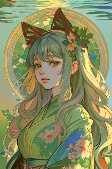  a beautiful anime woman，Monets tones ， Muchas painting style 