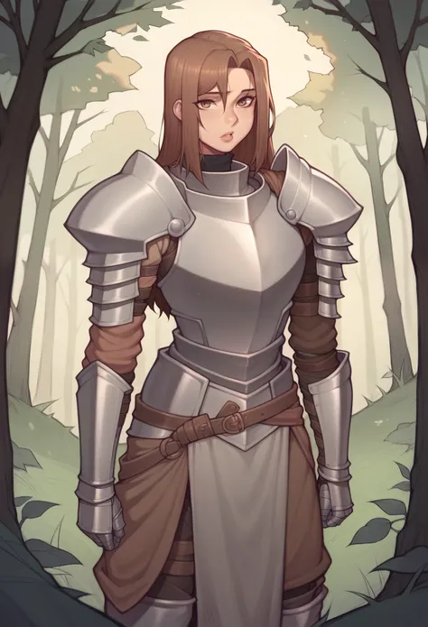 asura style, 1girl, solo, brown hair, knight armor, forest background