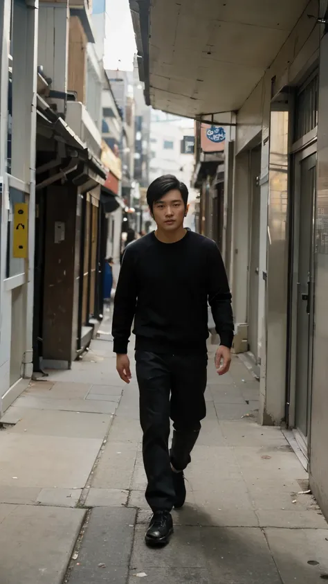 Realistic model, Best quality, Masterpiece, Very detailed,A handsome 30-year-old Asian man wearing Jaren clothes walked under a building with a sign saying heap of buildings. Camera angle from bottom to top.