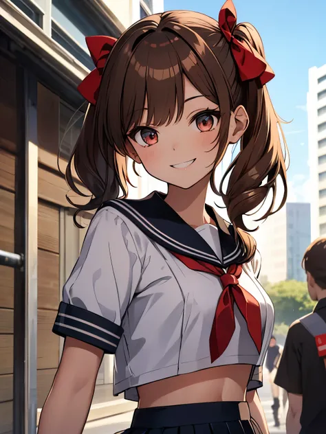  1girl, long pigtails, hair bow, sailor uniform, crop top, short sleeves, red tie, looking at viewer, outdoors, smile, brunette hair 