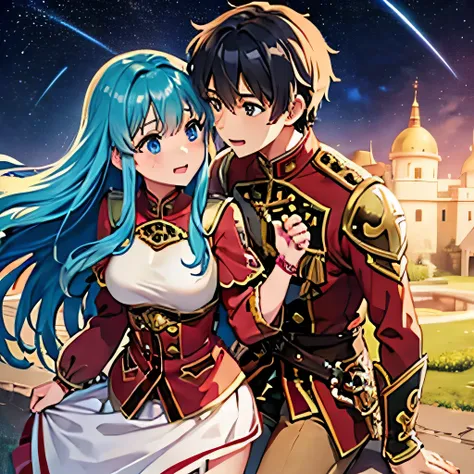 Eirika from Fire emblem the sacred stones blue eyes and light blue hair, red blouse with gold plates on her body, pink panties, a gold bracelet and white skirt affectionately kissing a boy with short black hair on the lips, ojos marrones, lentes, red jacke...