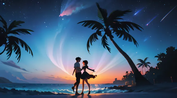 Couple black silhouette shadow、Ocean, palm trees and beach house on night sky background、Light up、Shooting star and、A couple is dancing。Couple black silhouette shadow　Hawaiian Style　Tropical