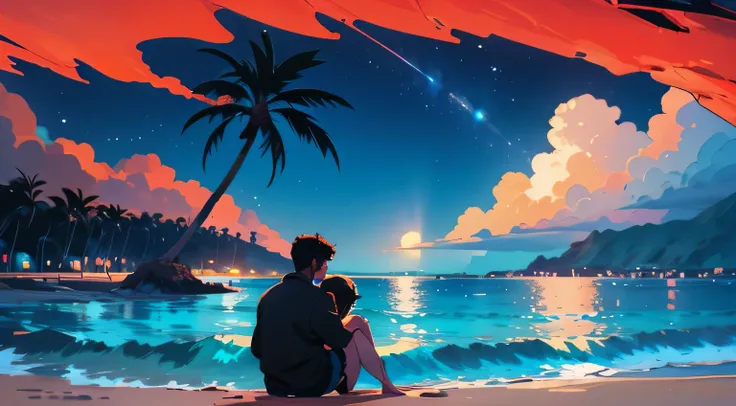 Black silhouette of a man and woman sitting at a beach house and looking at the sea、Ocean, palm trees and beach house on night sky background、Light up、Shooting star and、Hawaiian Style　Tropical