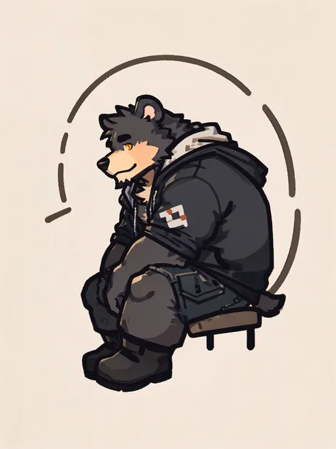 (Round Face), solo, (1_male:1.3) , (muscle), (grey fur:1.4), (muscle bear), (beard:1.2), (gleaming golden eyes), (open hoodie:1.3),(naked inside:1.2), cargo shorts ,black short boots,Print Style, artist:takemoto arashi, red floating scarf,floating, sitting...