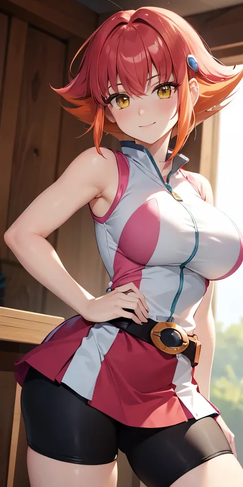 1 Female,High definition,high resolution,Ultra-realistic,8K, Annadef, 1girl, solo, multicolored hair, two-tone hair, hair ornament, yellow eyes, short hair, pink hair, red hair, orange hair, large breasts, breasts, 
smile, shorts, sleeveless, belt, black s...