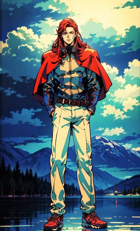 (masterpiece:1.2, best quality:1.2, extremely delicate:1.2), ((male:1.5)), a young man with long red hair, delicate face, gentle eyes, peaceful expression, fantasy-realism style outfit, a red and black short cape, a blue and white leather jacket, a belt, w...