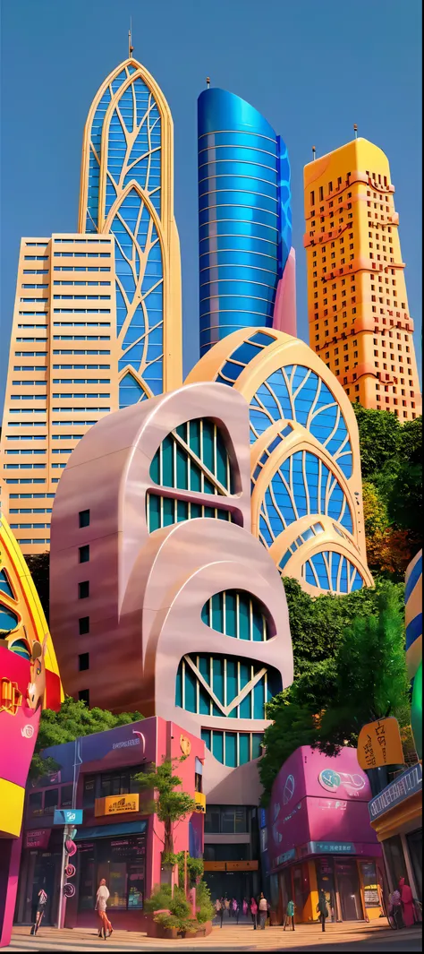 Colourful buildings in the city，Ferris wheel in the foreground, Futuristic architectures, Future Citiesscape, Alien Architecture, Future Cities, in a Future Cities, Future Cities backgrond, Future Cities backdrop,  brightly colored buildings in the city of...