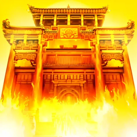 arafed image of a building with a fire coming out of it, temple background, tall golden heavenly gates, an ancient city on fire, gold gates of heaven!!!!!!!!, cathedral of sun, temple of the sun, background depicting a temple, tang dynasty palace, beautifu...