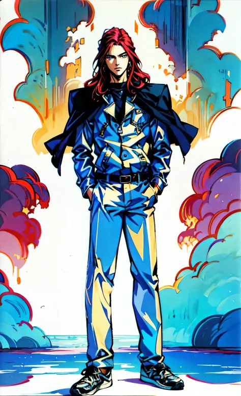 (masterpiece:1.2, best quality:1.2, extremely delicate:1.2), ((male:1.5)), a young man with long red hair, delicate face, gentle eyes, peaceful expression, fantasy-realism style outfit, a red and black short cape, a blue and white leather jacket, a belt, w...