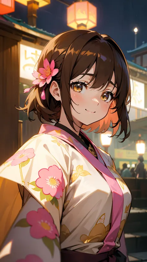 (Best Quality、masterpiece、Every detail) Anime Girls、Black brown hair、Golden Eyes、Upper body close-up、smile、 Im wearing a pink yukata 、 The yukata has a floral pattern 、 Im walking around the celebration、There were lanterns and fireworks 。