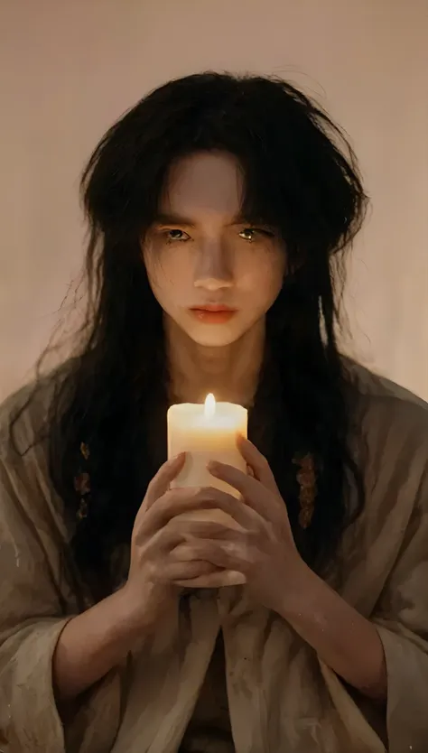 arafed man holding a lit candle in her hands, holding a candle,  billie eilish and a nun , ana de armas as joan of arc,  billie ...