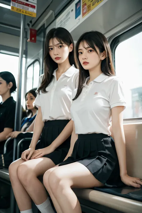 heavy rain, Soaking wet, Long Hair, bangs, (Two Girls:1.2), skirt, Brown Hair, shirt, Black Hair, Short sleeve, Brown eyes,  Long Hair, sitting in Train seat, white polo shirt, pleated skirt, Open clothes, shoes, socks, Striped, collared shirt, Hands behin...