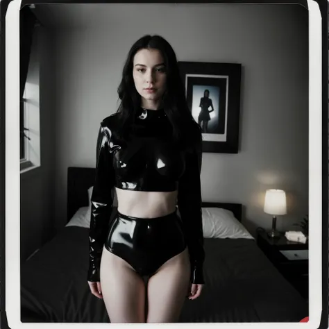 polaroid photo, polaroid filter, night, totally dark, photo flash, photo of 24 a y.o beautiful woman standing in bedroom, 1 person, only one person, pale skin, bokeh, motion blur, latex and nails suit, nails colar, glamour, SM, Sadomaso, dominant girl, lea...