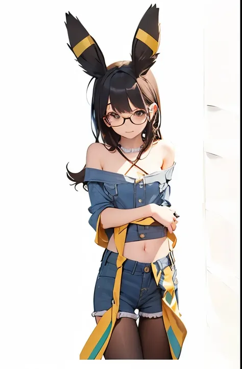 1 girl, little, pechos littles, small hips, red eyes, black hair, crop top,  denim shorts, striped thigh stockings , glasses, umbreon ears, little pero tonificado culo, bedroom, sensual look, view from behind. thick thighs