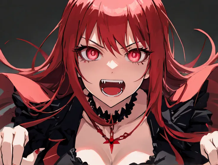 Anime girl, red hair, pink eyes, bloody, black dress, jewel, angry, big smile, fangs