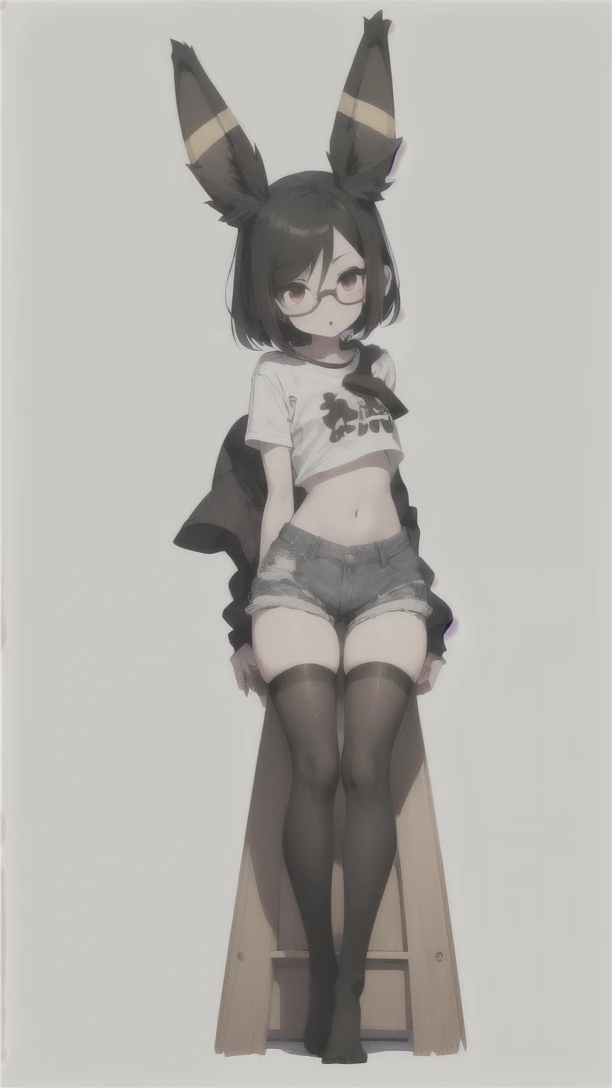 1 girl, pechos littles, small hips, red eyes, black hair, camiseta sin mangas, unbuttoned denim shorts, bedroom, thigh high stockings, little, glasses, umbreon ears, thick thighs, short hair