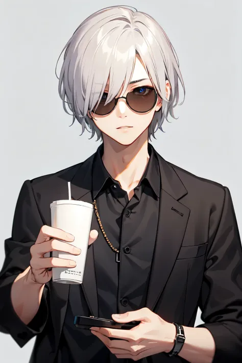 Gray-haired mash 、Handsome、 My eyes are bluish gray 、 I wear round sunglasses、black casual suit、Upper body only composition