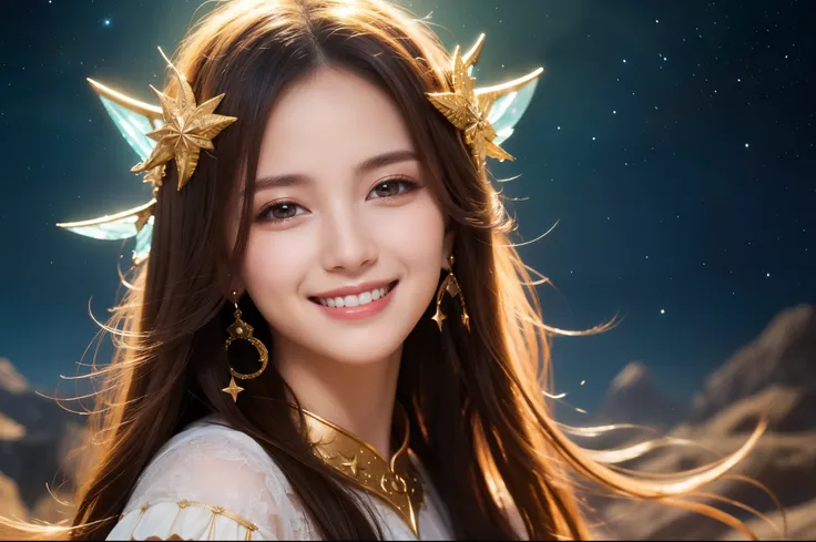 Best Quality　masterpiece　detailed　A super beautiful woman is smiling and looking at a nice star　Photo style　Fantasy　Fantasy　 dramatic production