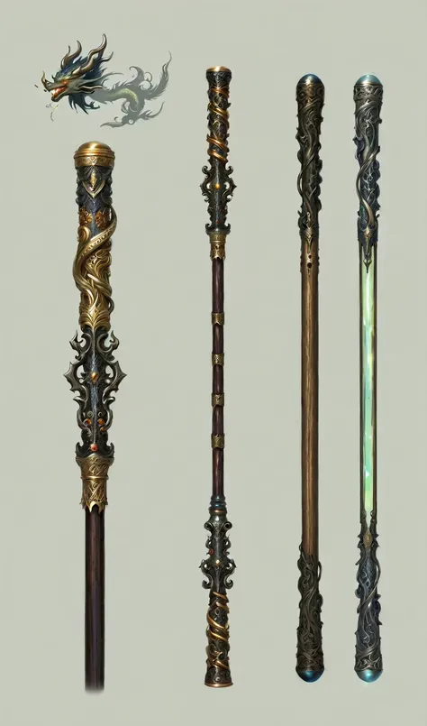 There are four different types of ornaments on a bright gold metallic white background, Magic Wand, Dragon Scepter, Wooden stick, weaponry concept designs, Dragon Scepter, Product Design, Weapon Design, magic Wooden stick, Fantasy RPG Weapon Art, wizard Ma...