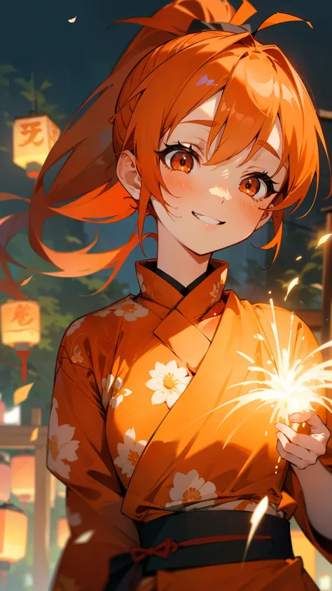 (Best Quality、masterpiece、Every detail) Anime Girls、Orange Hair、Ponytail、Red eyes、Upper body close-up、smile、Laughing with your mouth open、Im wearing an orange yukata、 The yukata has a floral pattern 、 Im walking around the celebration、There were lanterns a...