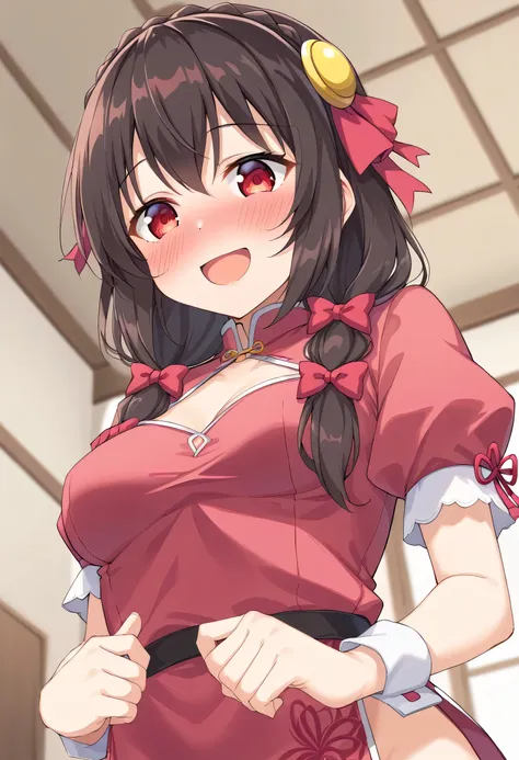 yunyun、masterpiece,Best Quality, High resolution,One person, Yunyun、My name is Yunyun, Crown braids in the same color as your hair, Black Hair、Red eyes、Hair Accessories, Hair Ribbon, Red Chinese Dress, (The chest is large)、(A shy smile:1.4)、(blush:1.4)、ind...