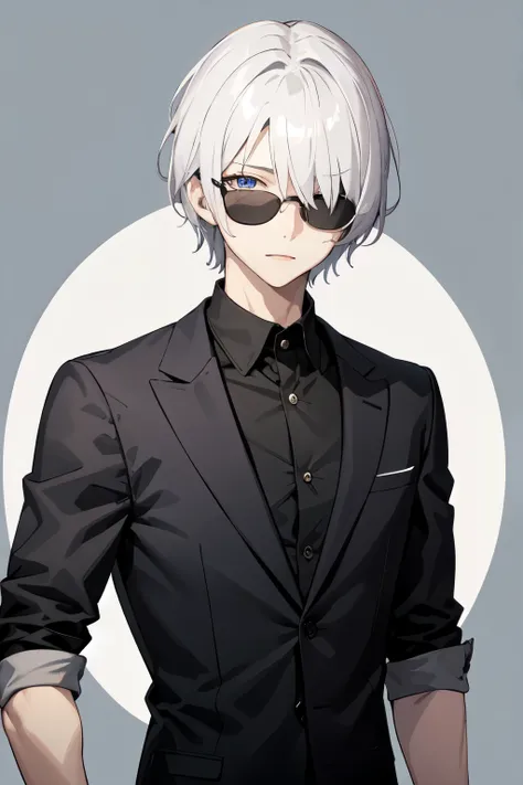 Gray-haired mash 、Handsome、 My eyes are bluish gray 、One eye is red、 is wearing round sunglasses、black casual suit、Upper body only composition