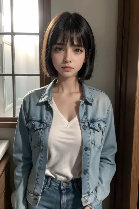 Garota com Black short bob, long bangs, , minissaia jeans, brown jacket white collar, black collar, gray eyes, expressionless face, delicate face, (Room), dentro do Room existe uma gaiola com pássaro, sun rays passing through the window, a garota olha em d...