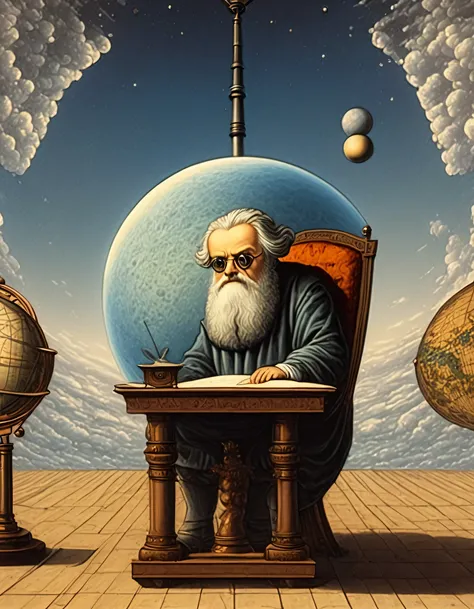 Top quality, super detailed, editorial illustrations of Galileo staring at the globe and advocating heliocentrism, color and masterpiece