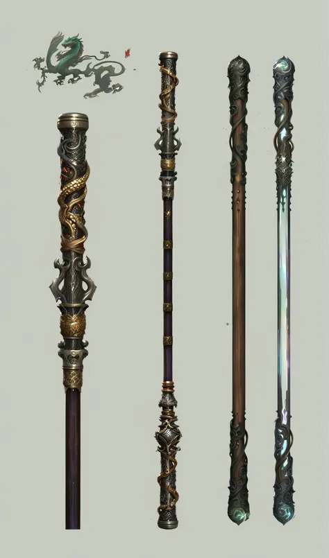 There are four different types of ornaments on a white background, Magic Wand, Dragon Scepter, Wooden stick, weaponry concept designs, Dragon Scepter, Product Design, Weapon Design, magic Wooden stick, Fantasy RPG Weapon Art, wizard Magic Wand, Weapon Conc...