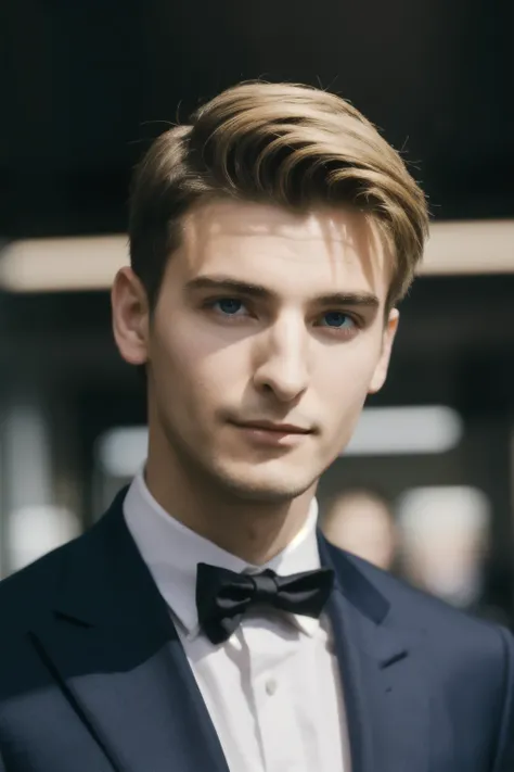 Portrait of a European man ,Alone,20 years old,Beautiful Face,Upper Body,Hair in one eye,Medium Sidecut, blonde, Sharp focus, wearing a black business suit