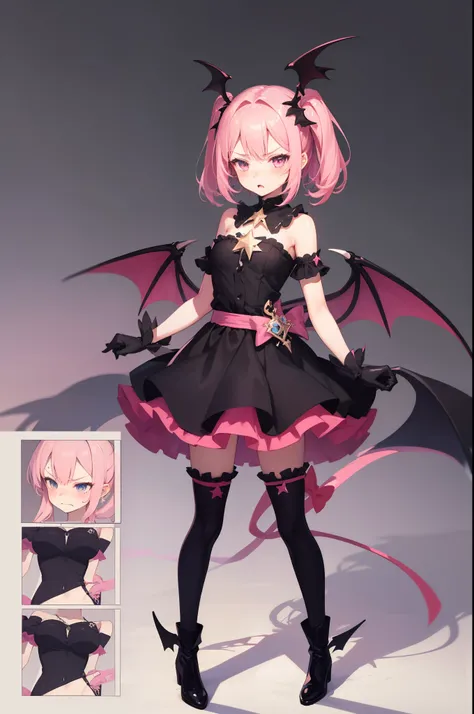 masterpiece, best quality, 1girl, magical girl, black and pink gothic magical girl costume, star brooch, brooch, full body, long three-layed frilly dress, star, standing, succubus, succubus wings, succubus tail, pink socks, gothic black boots, black gloves...