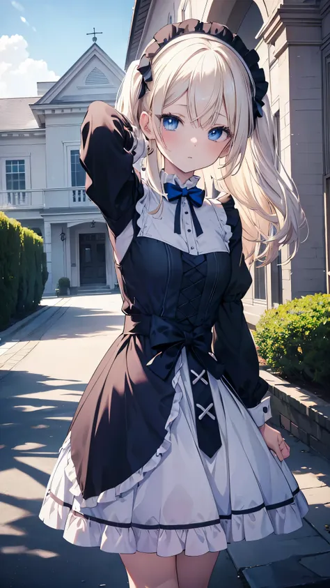  anime girl posing in front of her house wearing a maid costume、Posing in front of the house (masterpiece, Best Quality:1.2), 8k, 85 mm, Official Art, RAW Photos, Absurd, Platinum Blonde Hair , (blue eyes, Data Fashion, Sweet Ta, gothic, dress:1.2), Idol&#...