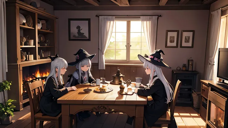 Stone House　the fireplace is burning　A silver-haired girl wearing a witch hat and a black cat are having tea across the table。There are lots of suspicious drugs lined up on the shelf 。　night。A cluttered room　Emotional atmosphere