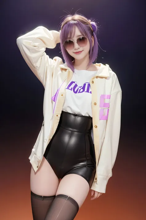 masterpiece, best quality, 1girl, kafkav4, shirt, white shirt, jacket, purple hair, long sleeves, eyewear on head, sunglasses, b...