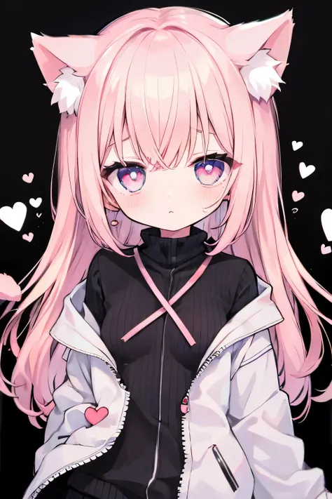 Oversized jacket、Round 1、Light pink hair,Very beautiful and Shining Eyes、Shining Eyes、1 girl、Small breasts、cat ears、((((()))))、heart❤、((sweat、vapor)）