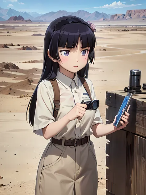  while a dust storm is blowing through the desert、A woman repairing a large machine 。 wearing oil-stained work clothes and goggles 、 in the background is a rough desert and a distant mountain range , ruri gokou, Long Hair, Hime cut, Black Hair, One Girl, 