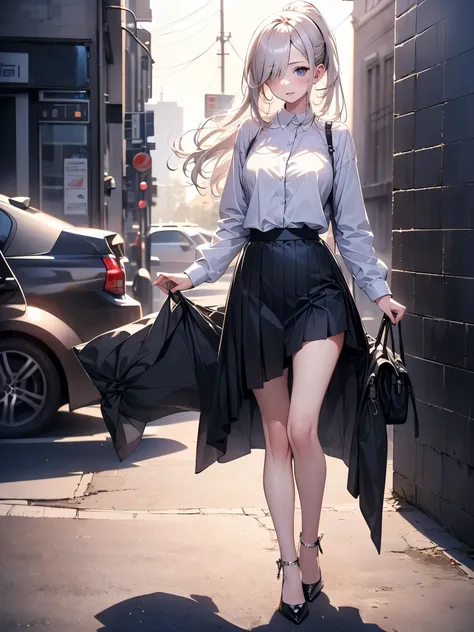 (masterpiece,best quality, highest quality,Full Body Shot,Including face,1girl:1.5),4K,masterpiece,((Focus on the face)),Beautiful woman,(Slender:1.5),((High heels,black pantyhose,anklet)),(Take off skirt:1.8),(Long silver hair、 ponytail、Age 25,Adult women...