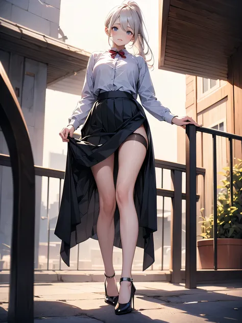 (masterpiece,best quality, highest quality,Full Body Shot,Including face,1girl:1.5),4K,masterpiece,((Focus on the face)),Beautiful woman,(Slender:1.5),((High heels,black pantyhose,anklet)),(Take off skirt:1.8),(Long silver hair、 ponytail、Age 25,Adult women...