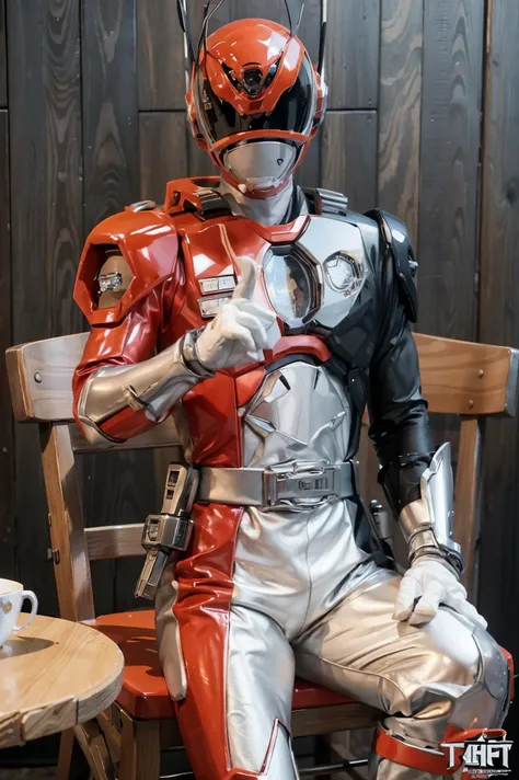 Fantasy background, cafe rpg style, empty chair, table, set of tea glass, (power rangers)), One guy、white costume, Solo, ((fit figure)), (Anatomically correct), Cowboy shot, masked face, guns, muscular build