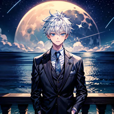 Killua Zoldyk with white hair, blue eyes and Shin Nouzen with black hair and red eyes are anime characters watching the sea from a bridge together at a Starry beautiful night with falling stars and shining moon along with the sea water glowing from the moo...