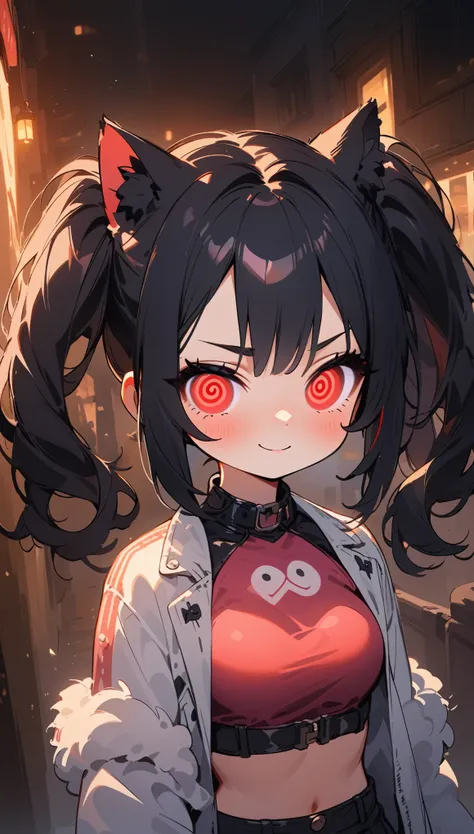 solo,1girl(cute, kawaii, age of 12,(evil smile:1.2),(black hair:1),(long hair),(twin tails hair),pale skin, skin color blue, red eyes, eyes shining, (big eyes),(breast:1.4),(punk fashion:1.6),(ripped clothes:1.5),(tight tube top),(tight hot pants),(stomach...