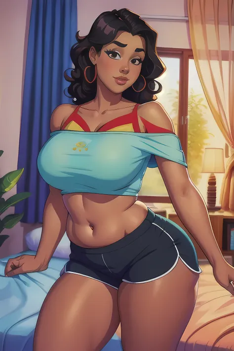 (cartoony style), detailed face, beautiful woman, College student, curvy, chubby body, Race: Black, chocolate skin, wide hips, thick thighs, chubby waist, round face, posing on bed, sexy pose, wearing loose off-shoulder crop-top, pajama shorts, visible und...