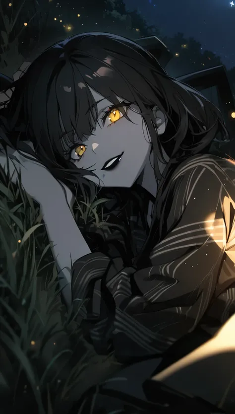 1 girl, High resolution, solo, black hair, Double tails, yellow eyes,  smile,  short yukata, black yukata,  black stockings, grey skin, black lipstick,  arrogant view, evil, night, lying on the grass, looking at the stars, side view, hands under his head