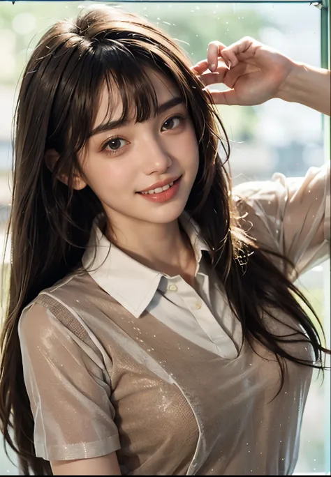  Ultra-high resolution，High-resolution details，4k photo real,((Frosted Glass Portrait:1.4)),22 years old,1 girl,((Half long hair and dark brown hemp uniqlo collared dress:1.4)),((Smiling with teeth showing)),8k,((Face Focus:1.2)),thinウエスト,thin脚,Sale Eye Ma...