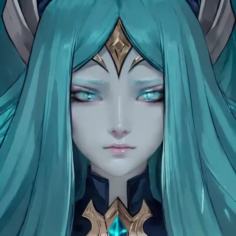 a close up of a cartoon character with long blue hair, portrait knights of zodiac girl, an exhausted deity, onmyoji portrait, very sad medusa, an elf queen, masterpiece goddess of sorrow, the goddess hera looking angry, character art closeup, irelia, senna...